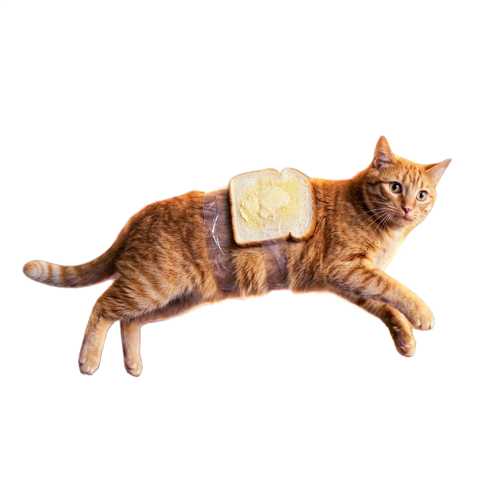 A ginger cat with buttered toast strapped to its back, mid-spin